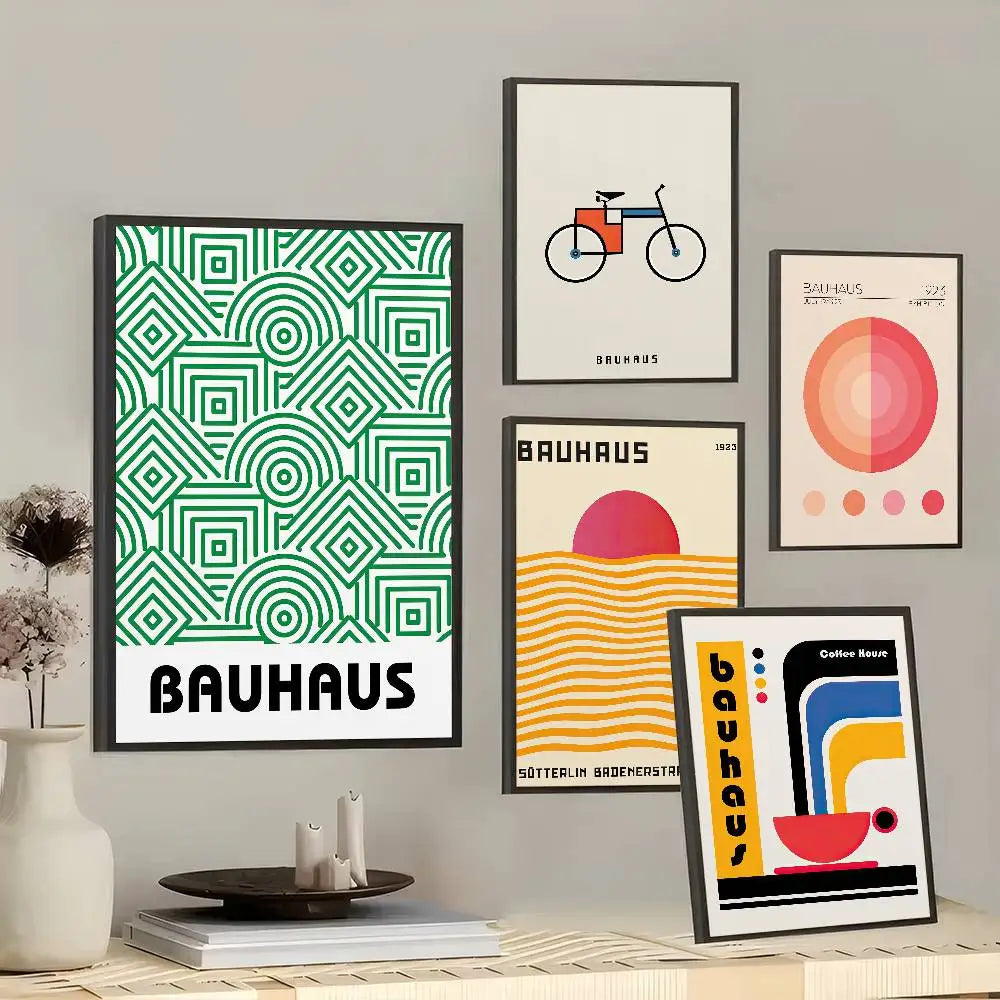 Collection of Bauhaus-style posters on a wall with decorative elements.