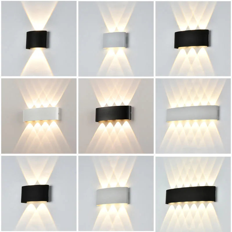 Collage of wall-mounted lights in black and white on a light gray background