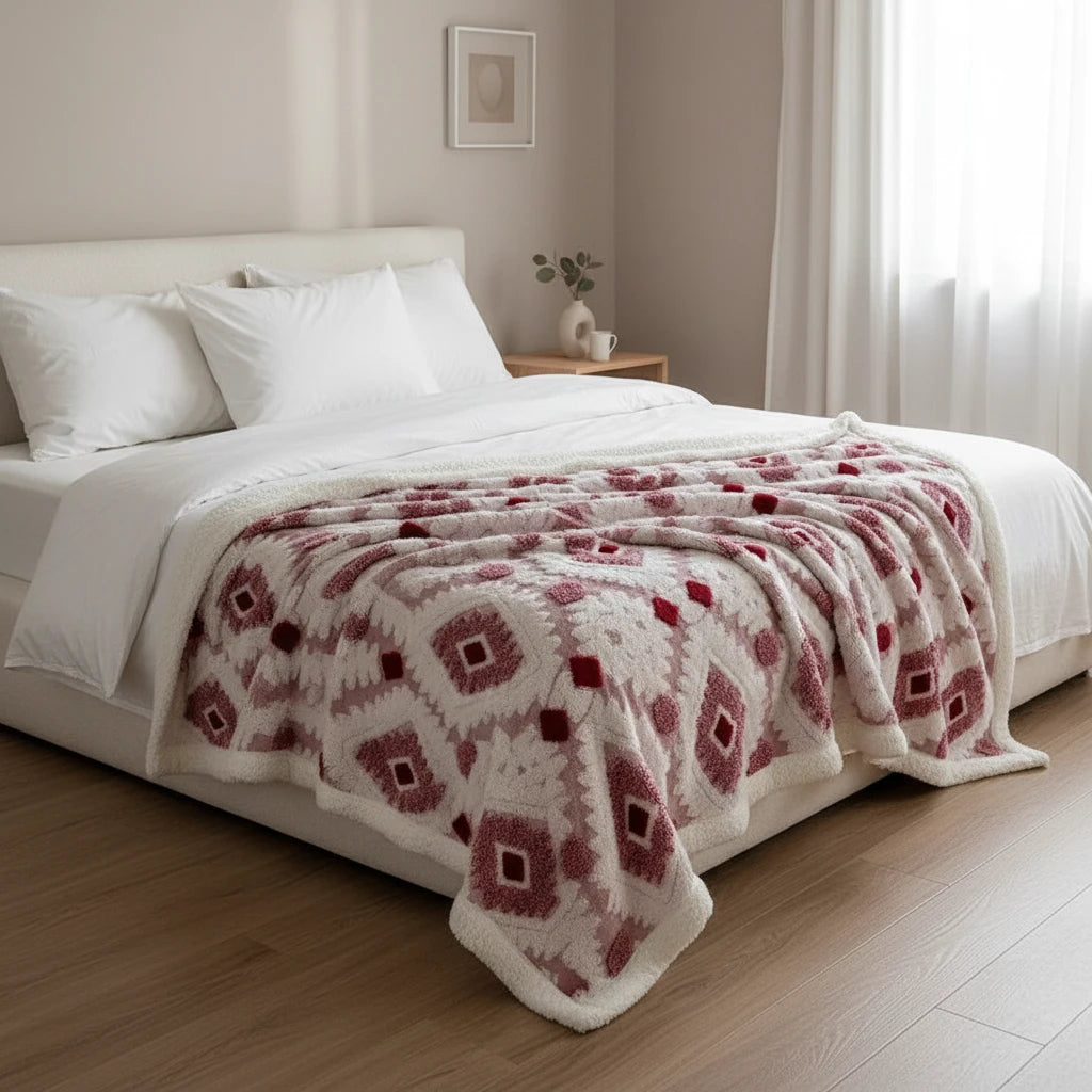 Berry rose and ivory plush blanket spread across a modern bedroom setting.