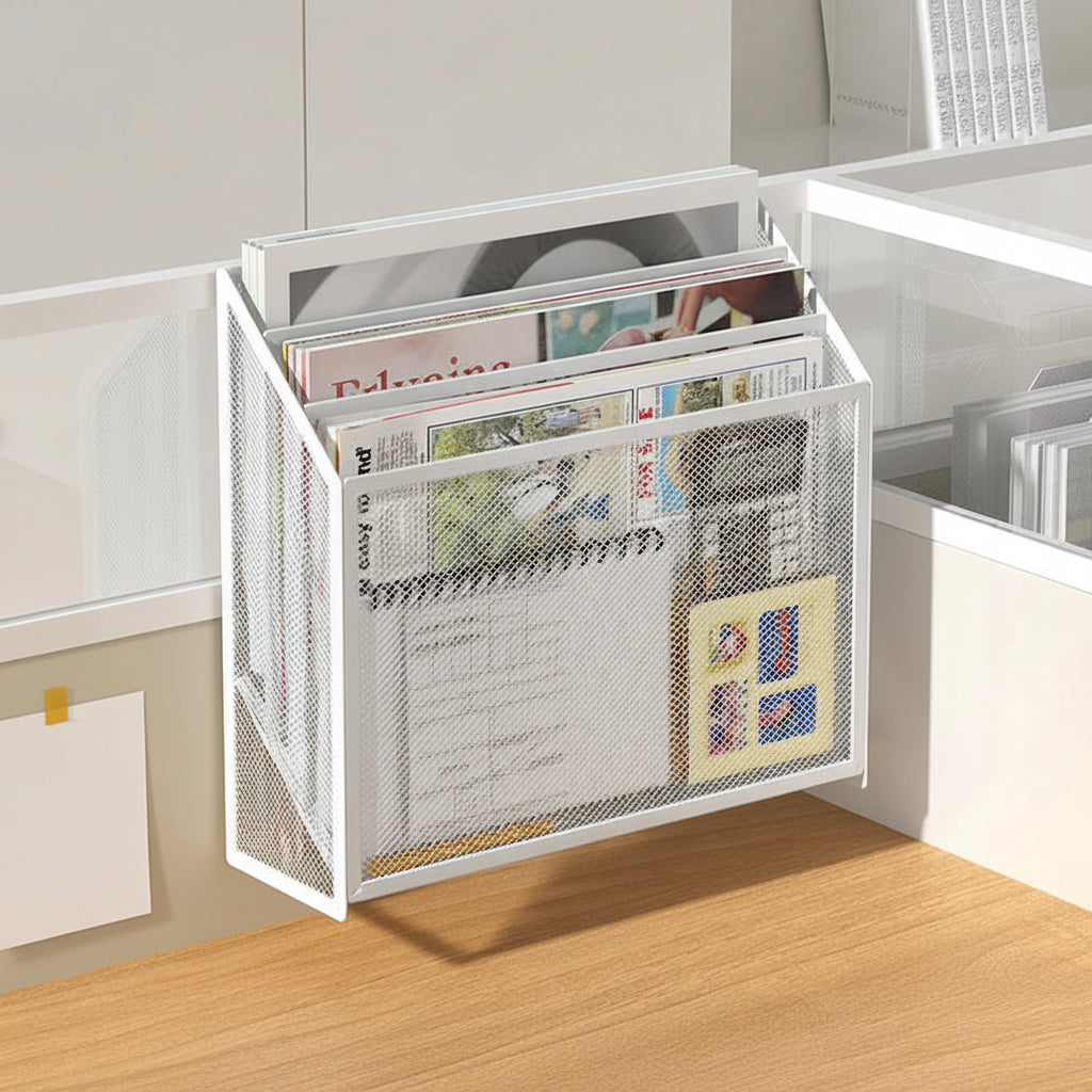 White wall-mounted metal mesh storage tray