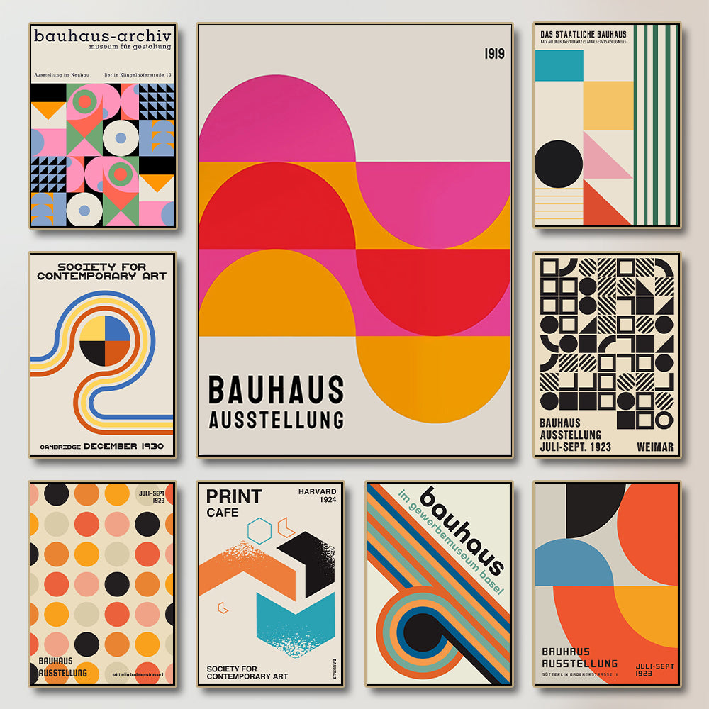 Collection of Bauhaus-themed posters with geometric designs on a white background.