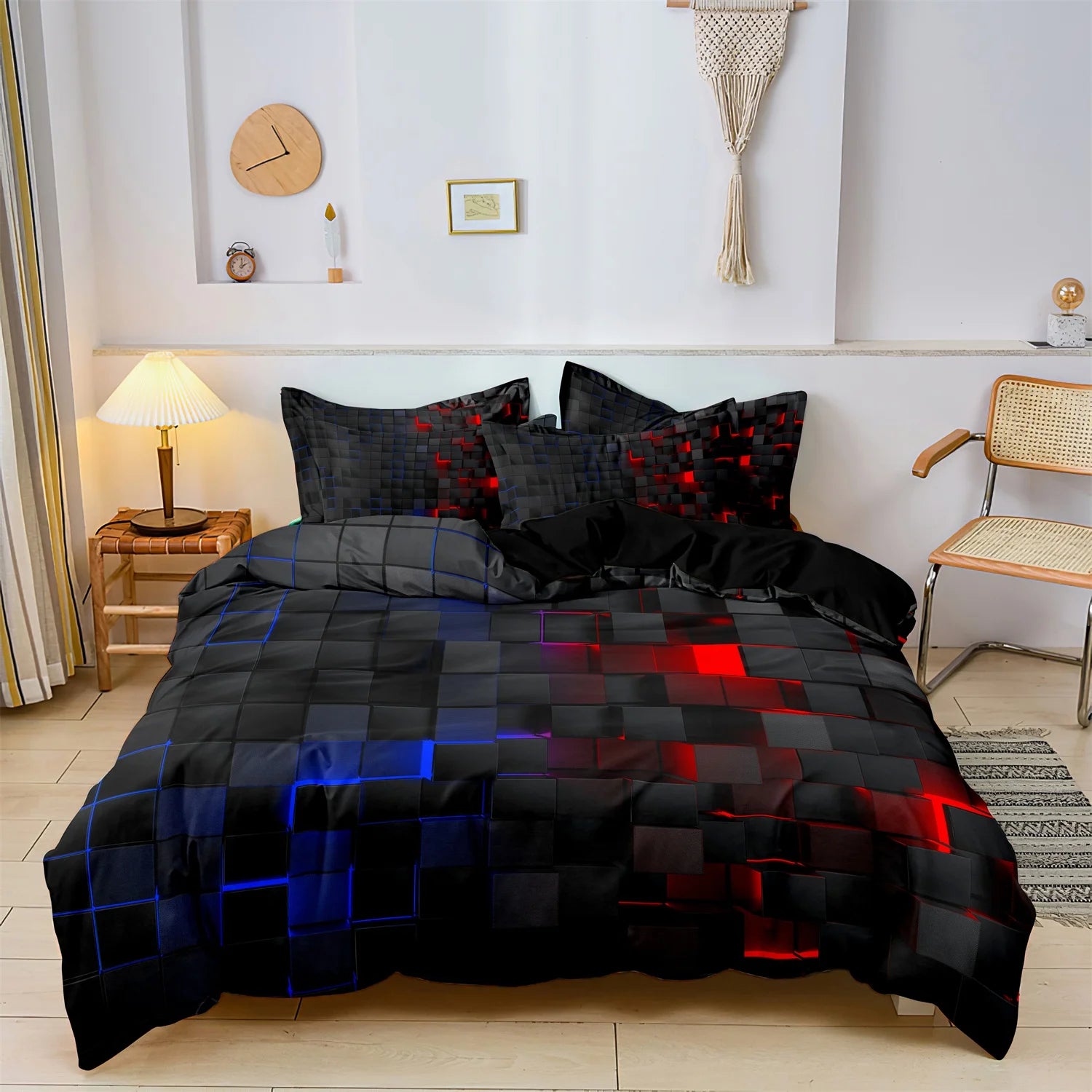 Black bedding set with blue and red geometric block digital print