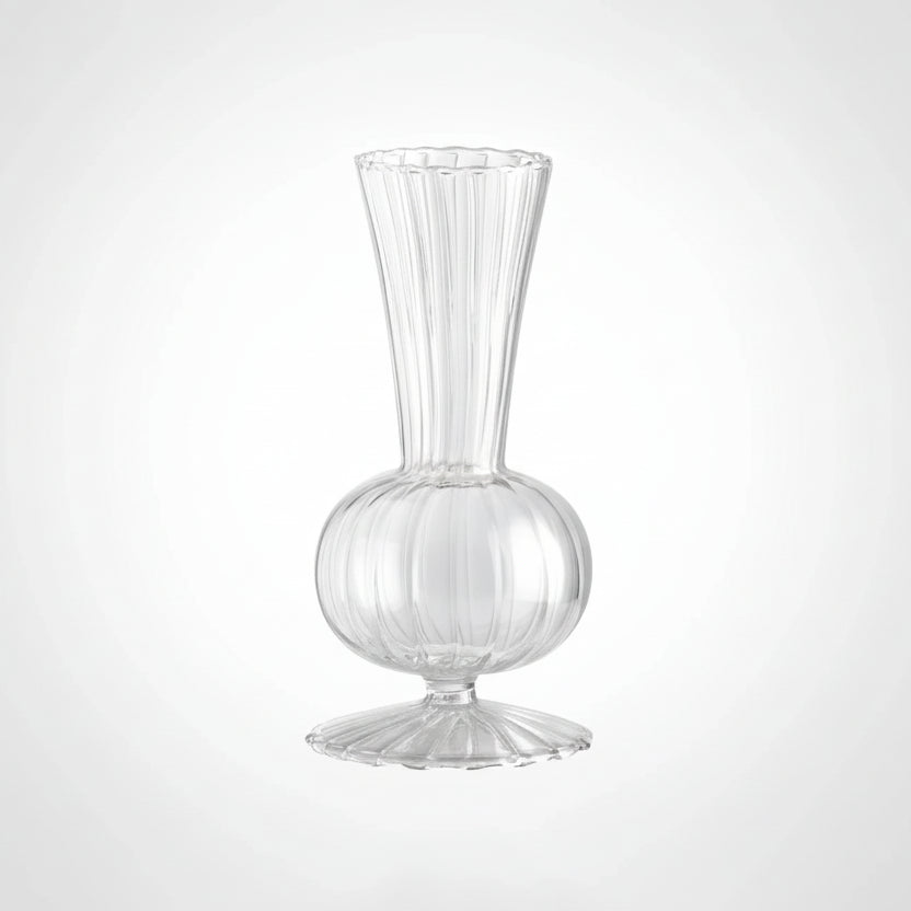 Clear glass vase with dimensions labeled on a white background
