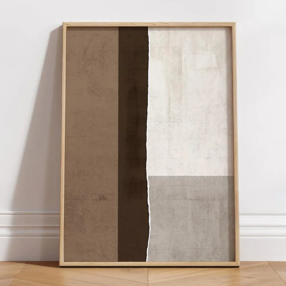 Minimal abstract canvas print with vertical beige, dark brown, off-white, and light taupe panels
