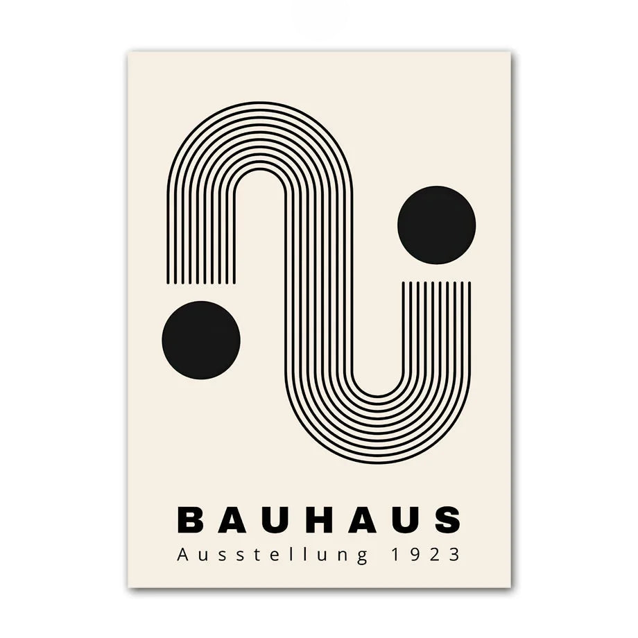 Minimalist Bauhaus 1923 line curve canvas print with black shapes on a neutral background.