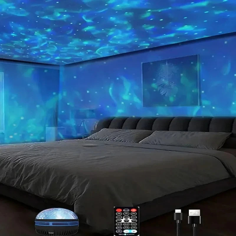 Bedroom with starry night light projector on ceiling, bed with gray bedding, and remote control.