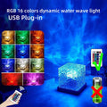 RGB dynamic water wave light with USB plug-in, remote control, and various colour options displayed.