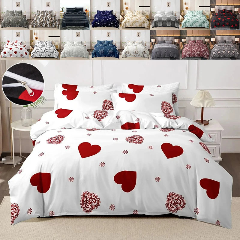 White bedding set with red heart patterns on a bed in a bedroom setting.