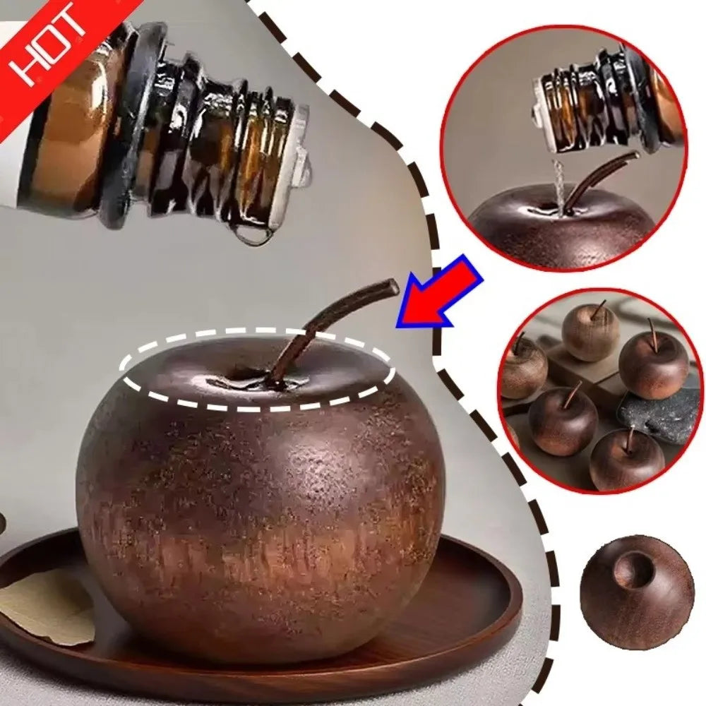 Decorative apple-shaped oil diffuser surrounded by close-up shots.
