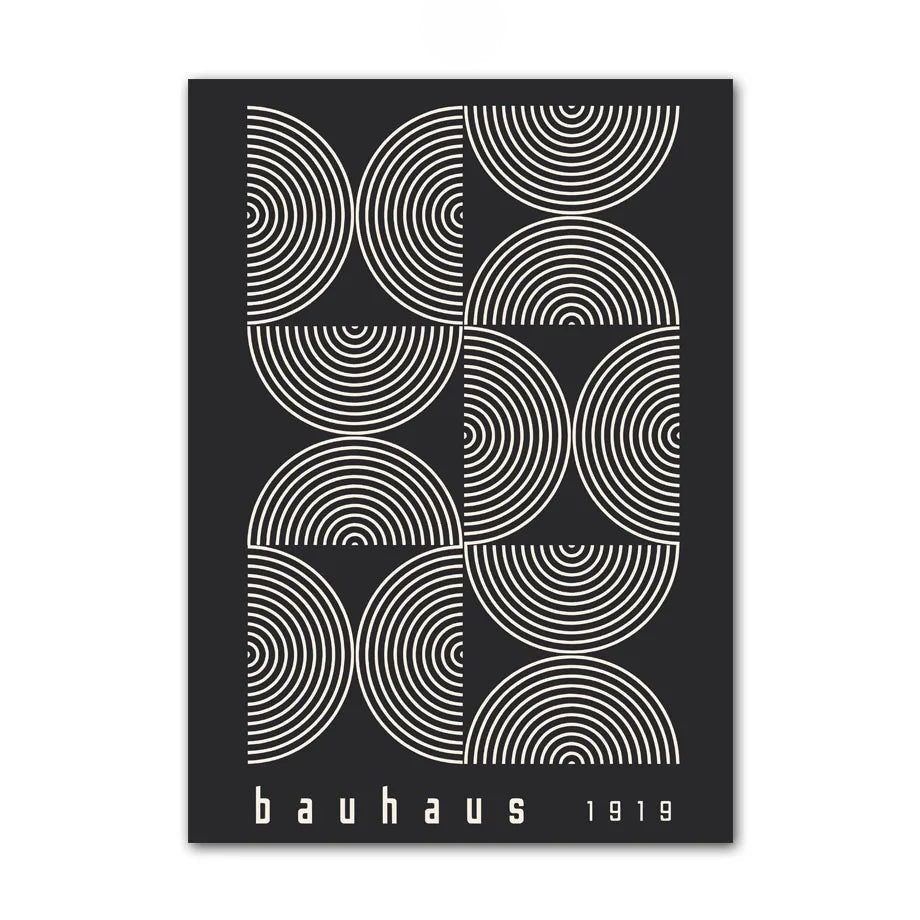 Black and cream concentric arc Bauhaus canvas wall art print, minimalist geometric design.