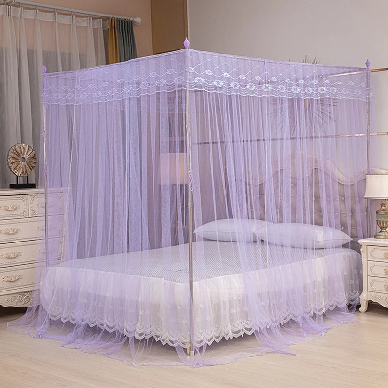 Purple four-poster lace canopy mosquito net draped over a bed