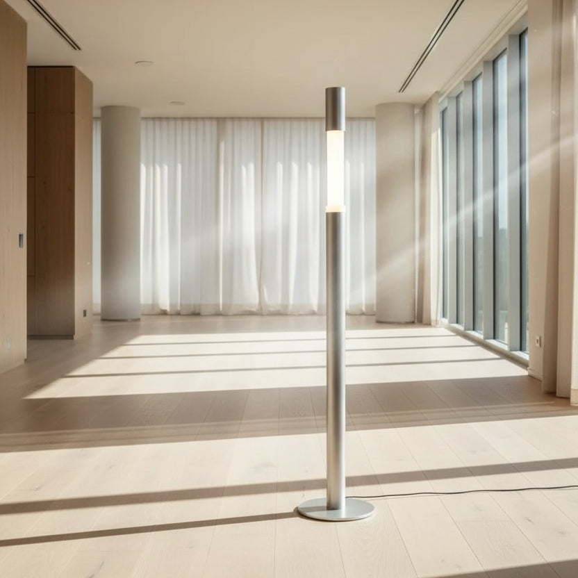 Detail of the sand-finished silver aluminum light body and PMMA acrylic lampshade.