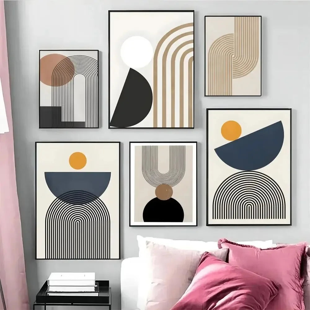 Set of six abstract art prints with geometric shapes on a beige background
