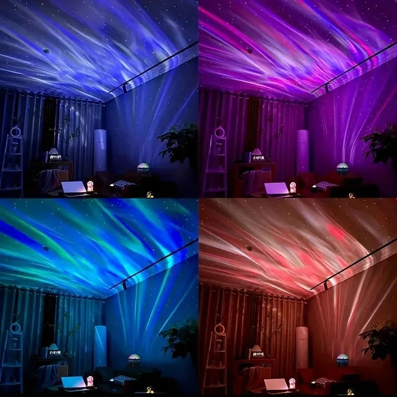 Collage of a room with colourful ceiling projections in various hues.