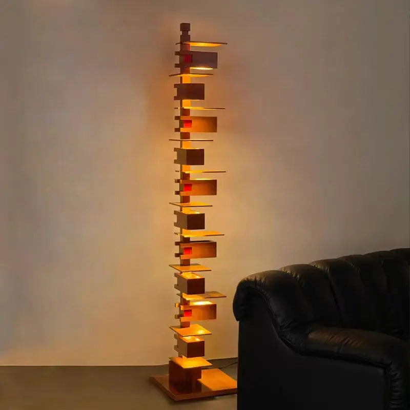 Rosewood grain geometric floor lamp with tall sculptural form, 182cm height and warm glowing light