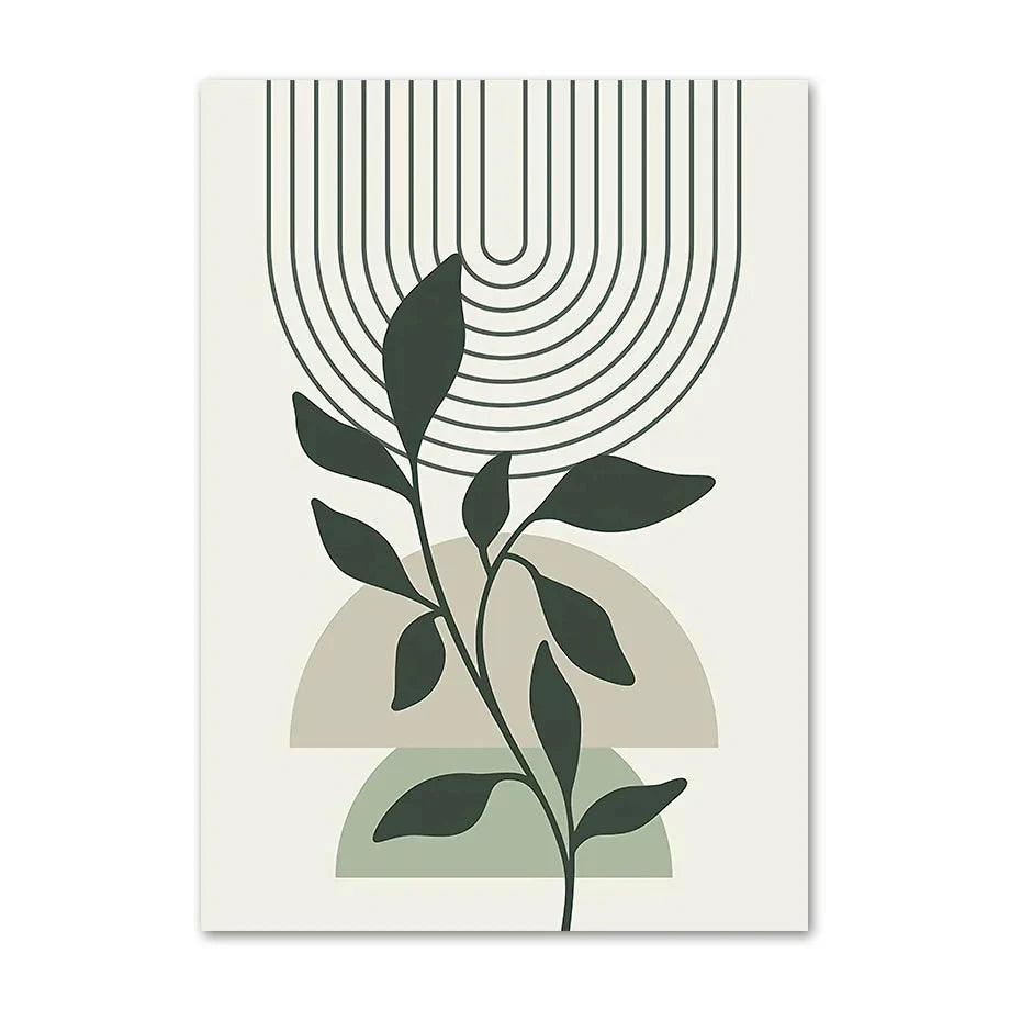 Minimal botanical canvas print with dark green leaves, soft arches, and fine curved line details.