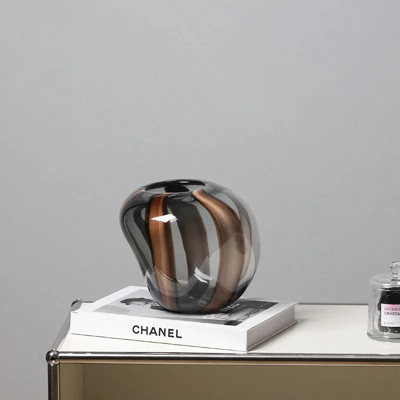 Small, rounded glass vase with smoky and brown wave pattern – 18.6cm