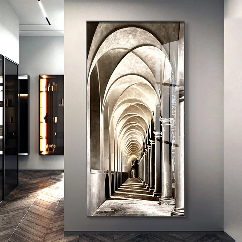 Sepia stone archway wall light with figure in the distance