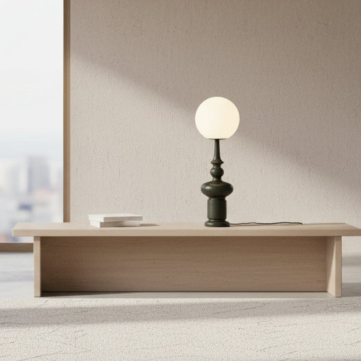 Black sculptural globe table lamp, frosted shade, D25cm x H68cm, E27 LED