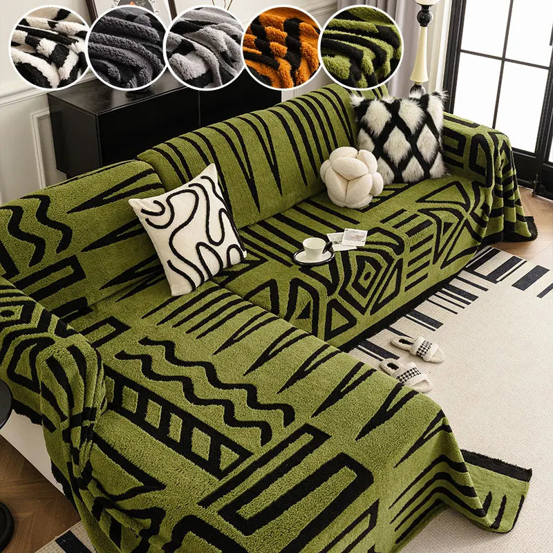 Olive green tribal print sofa cover on L-shaped couch with cushions