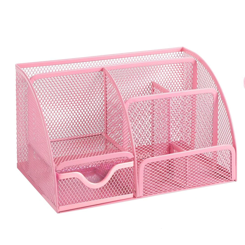 Pink mesh desk organizer with multiple compartments on a white background