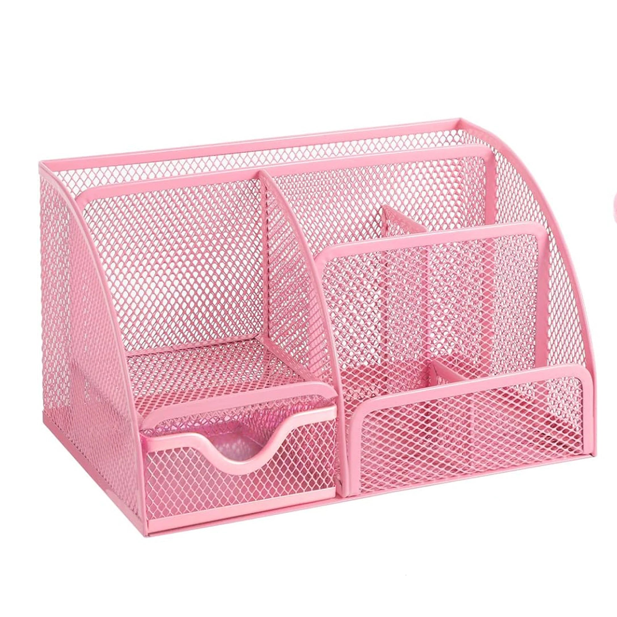 Pink mesh desk organizer with multiple compartments on a white background