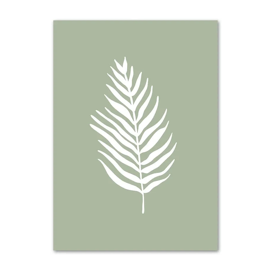 Sage green canvas print with a white botanical palm leaf design.