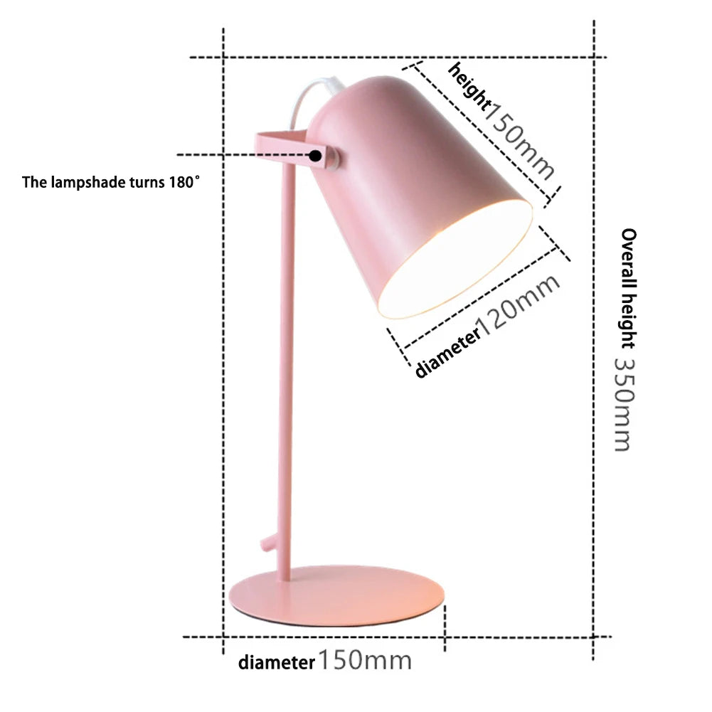 Pink desk lamp with dimensions on a white background