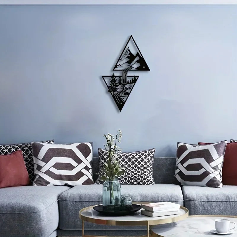 (Mountain &amp; Waterfall): Black metal wall art with a mountain and waterfall scene in stacked triangle shapes, 15 × 24 cm