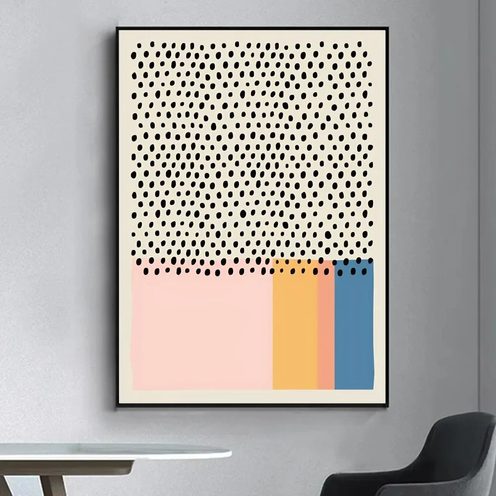 Modern abstract print with black dot pattern and pastel pink, yellow, peach, and blue colour blocks
