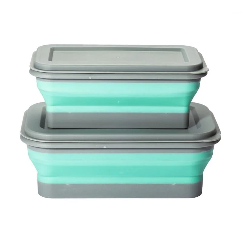 Green grey collapsible lunch boxes shown folded and expanded