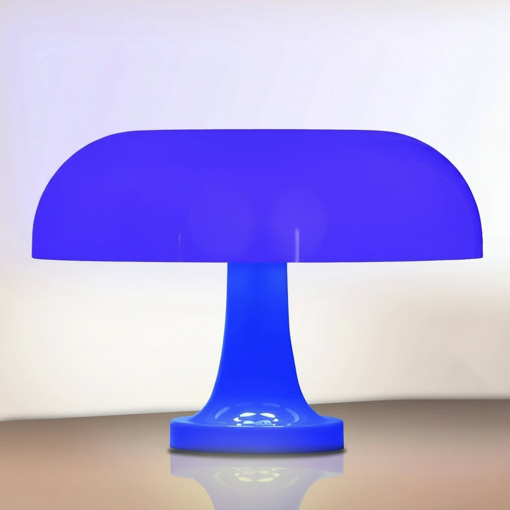 Blue table lamp with dimensions indicated on a white background