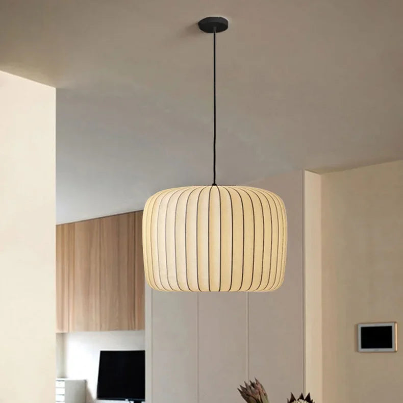 Wide drum Nordic LED pendant light with silk lampshade, D42 × H25cm