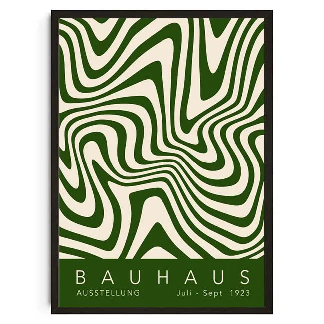 Framed poster with green and white wavy pattern and 'Bauhaus' text on a white background