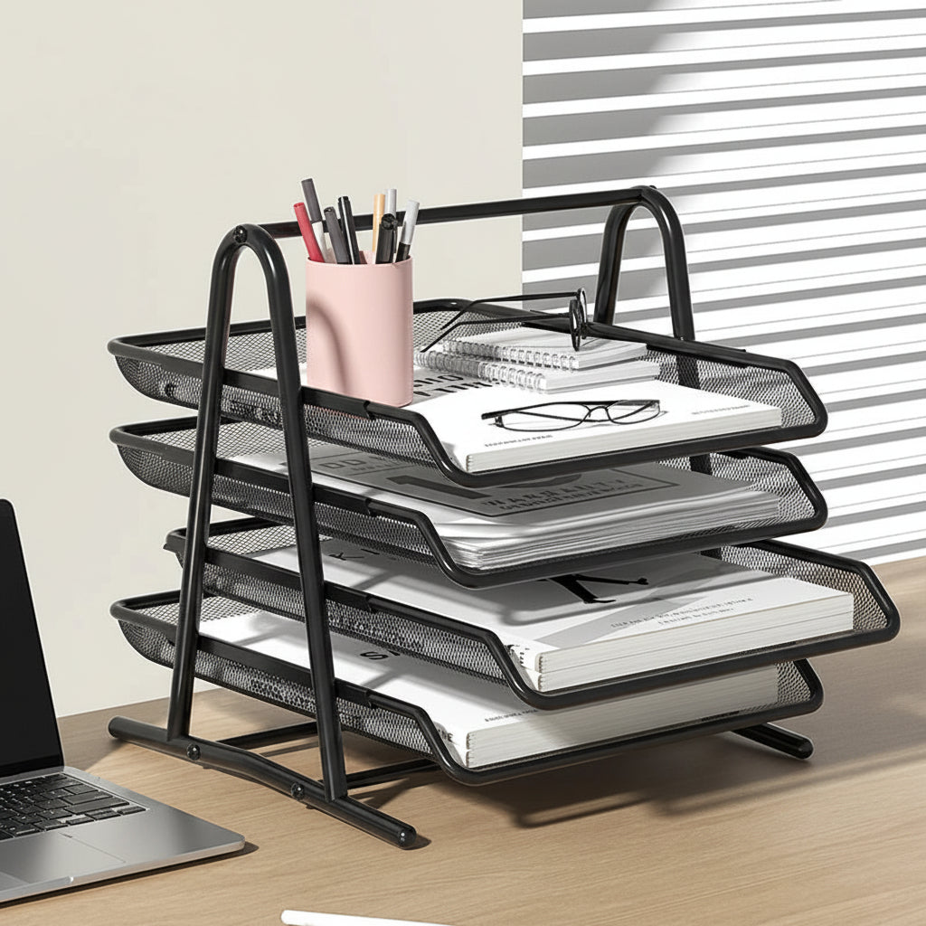 Multi-tier black metal desk organiser holding books and documents