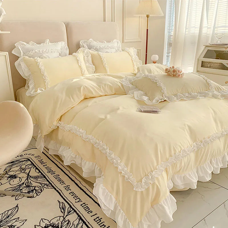 Buttercream Yellow): Buttercream yellow Korean-style bedding set with ruffled edges