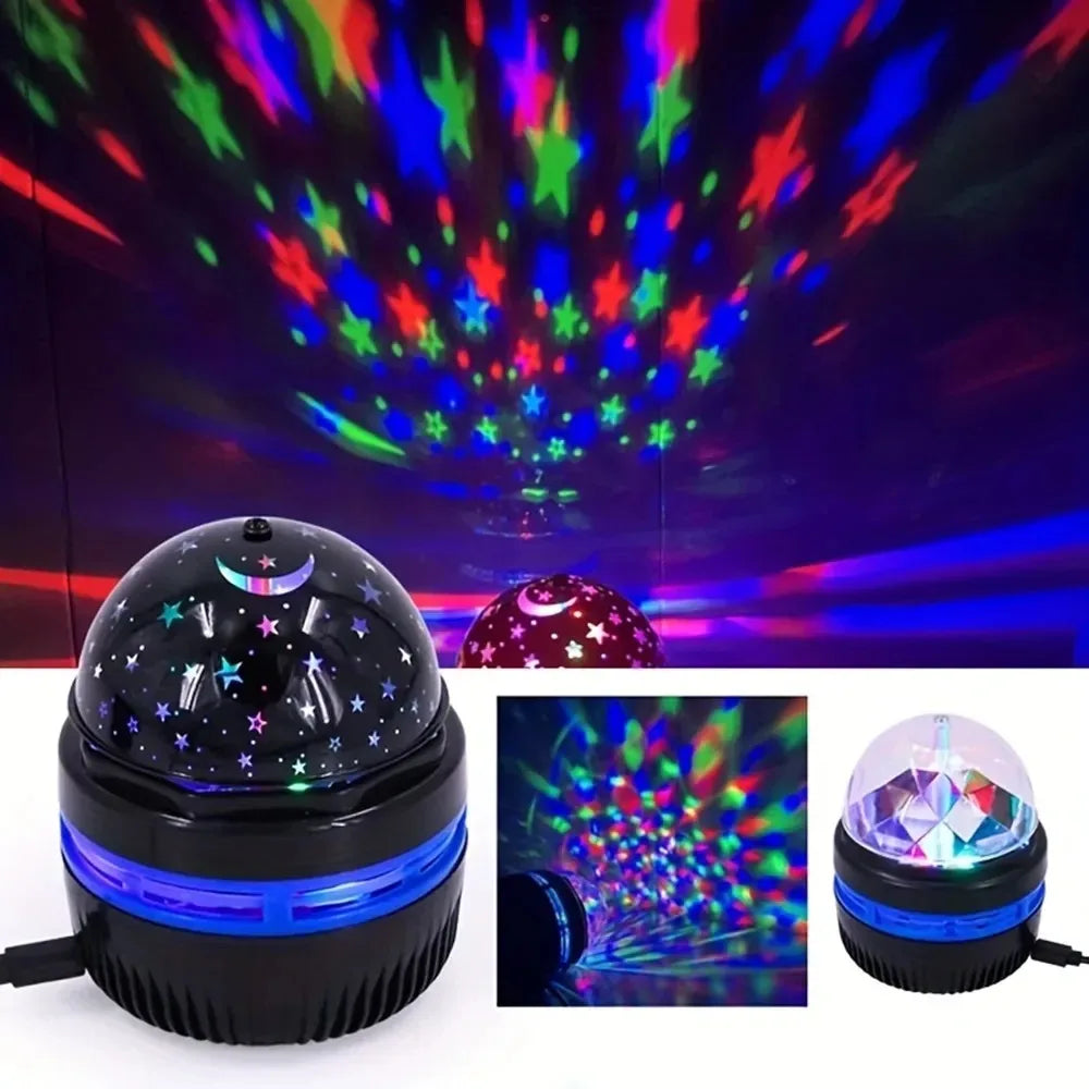 Colourful star projector with light display on a dark background