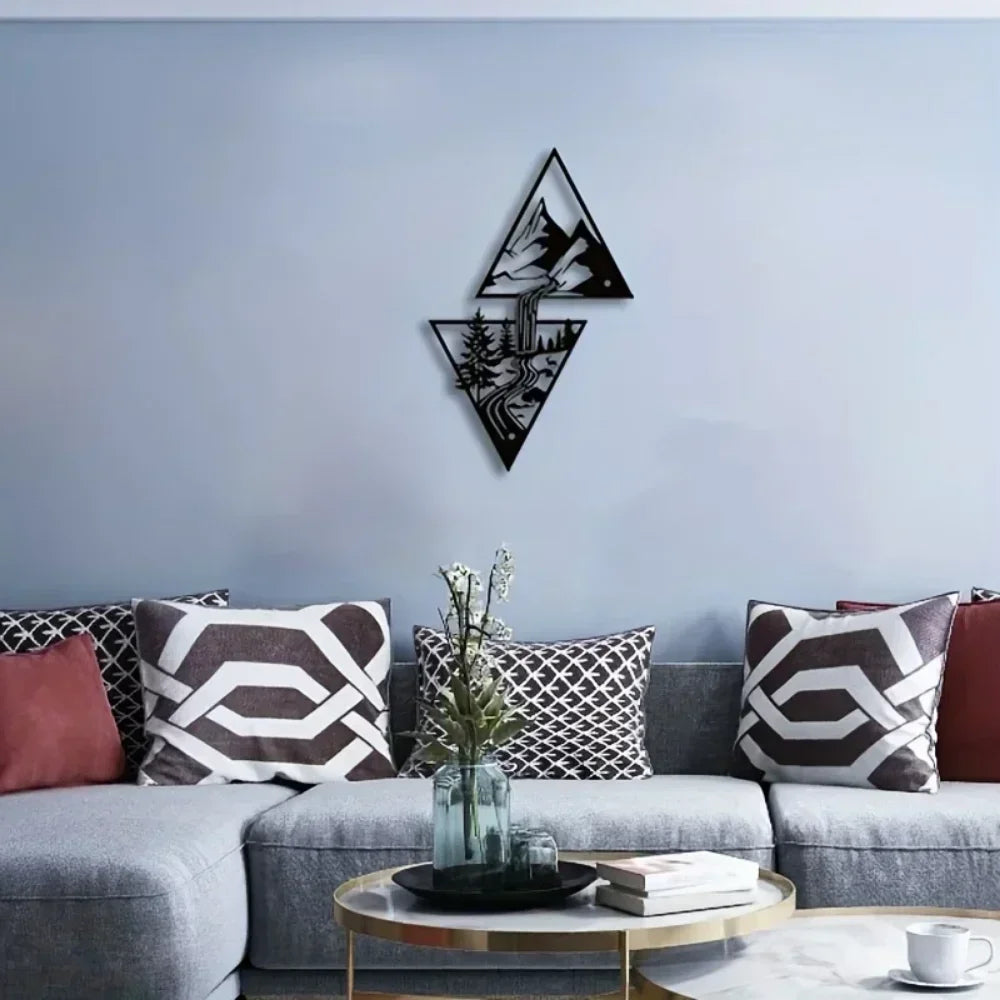 (Mountain &amp; Waterfall): Black metal wall art with a mountain and waterfall scene in stacked triangle shapes, 15 × 24 cm