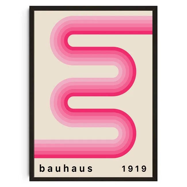 Framed poster with pink 'E' design and 'bauhaus 1919' text on a beige background