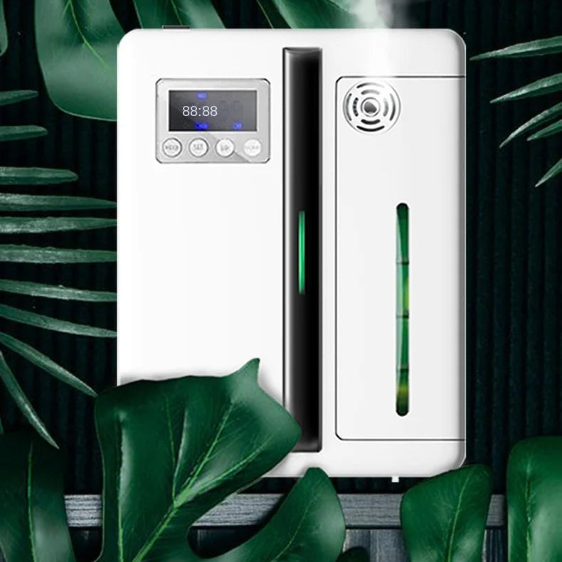 ultrasonic aroma diffuser with Bluetooth connection and 300m³ coverage, wall-mounted white design