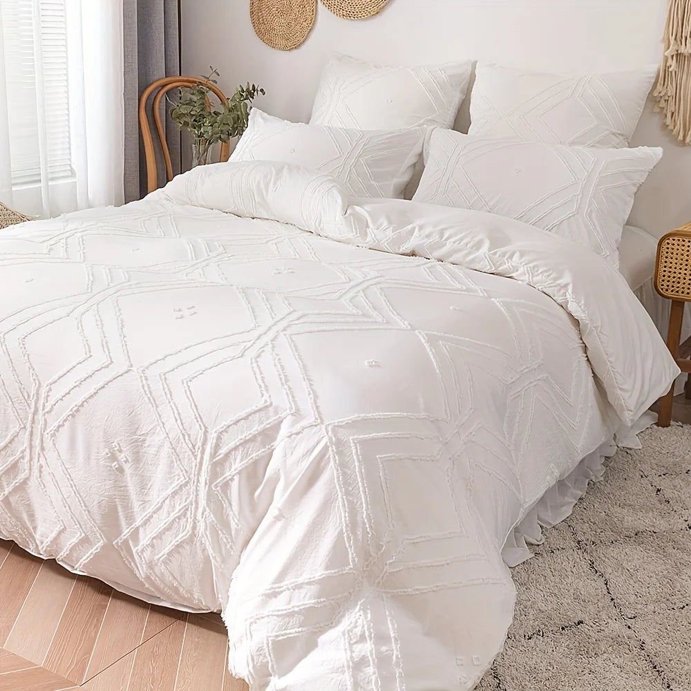 White geometric duvet cover set in a minimalist bedroom interior