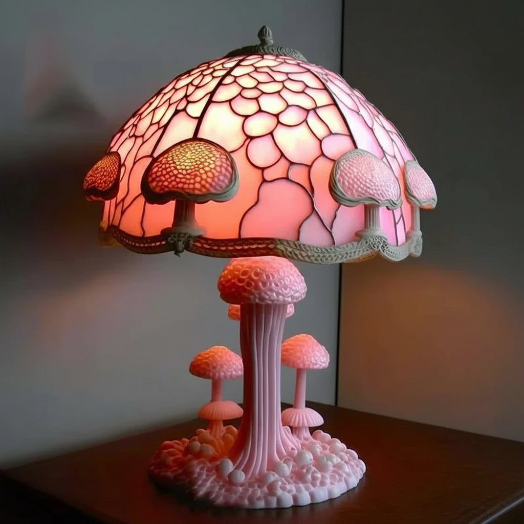 Pink-stained resin mushroom lamp with forest-style sculpted base