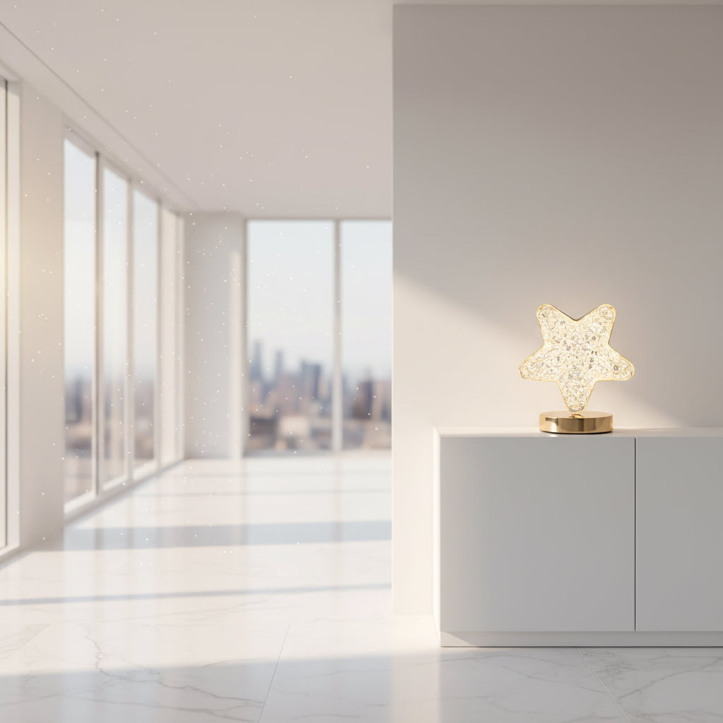 Star-shaped lamp with dimensions and features displayed on a dark background