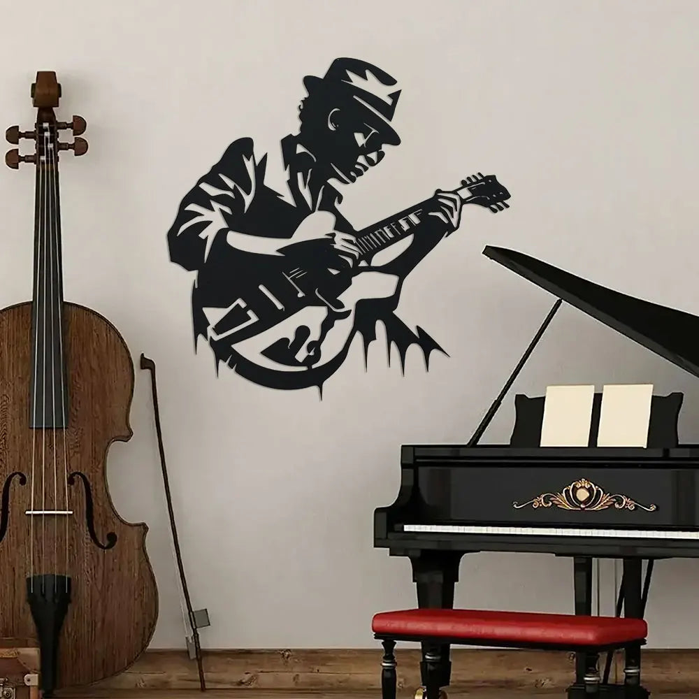 Black guitarist metal wall art with silhouette cut-out design, approx. 28cm x 28cm