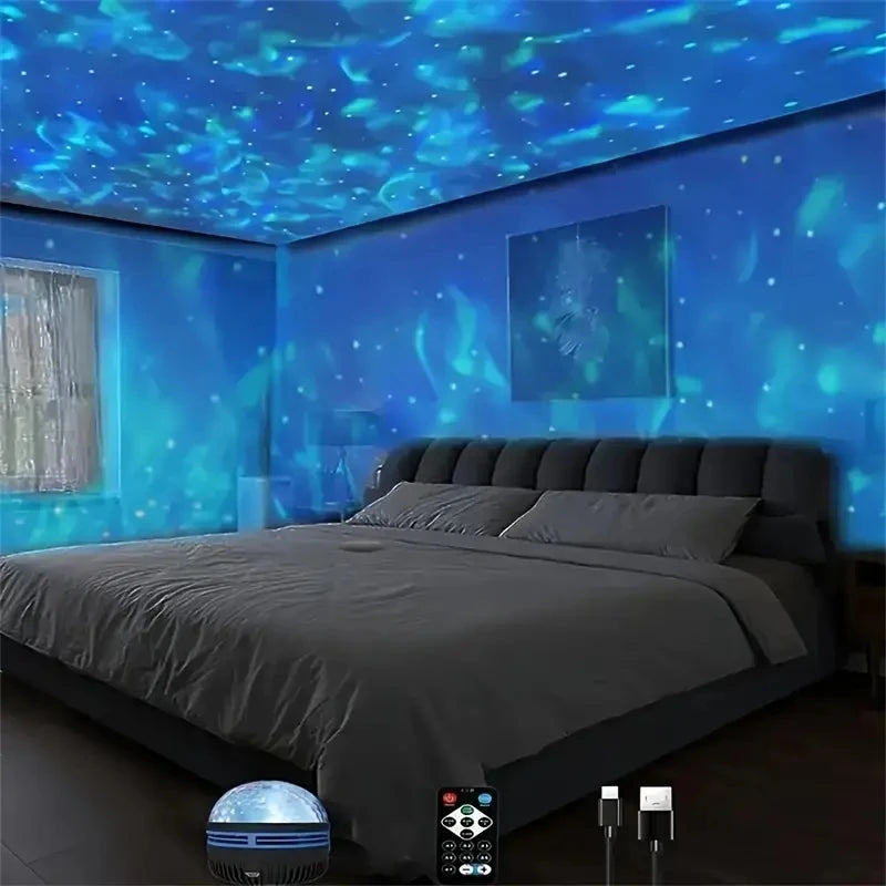 Bedroom with starry night light projector on a bed, creating a calming blue ambiance.