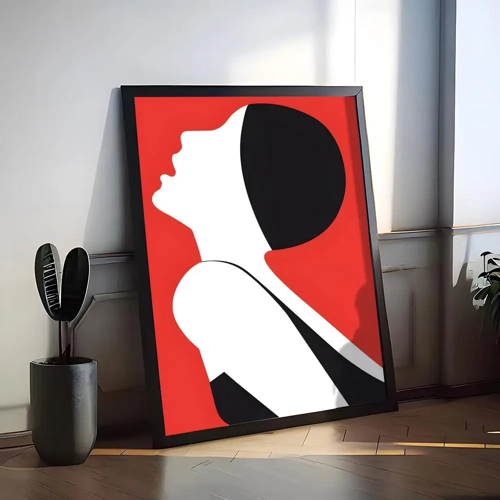 High-contrast black and white figurative art print with red background.