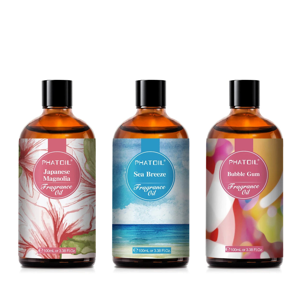 Fragrance oil set with Sea Breeze, Bubble Gum, and Japanese Magnolia