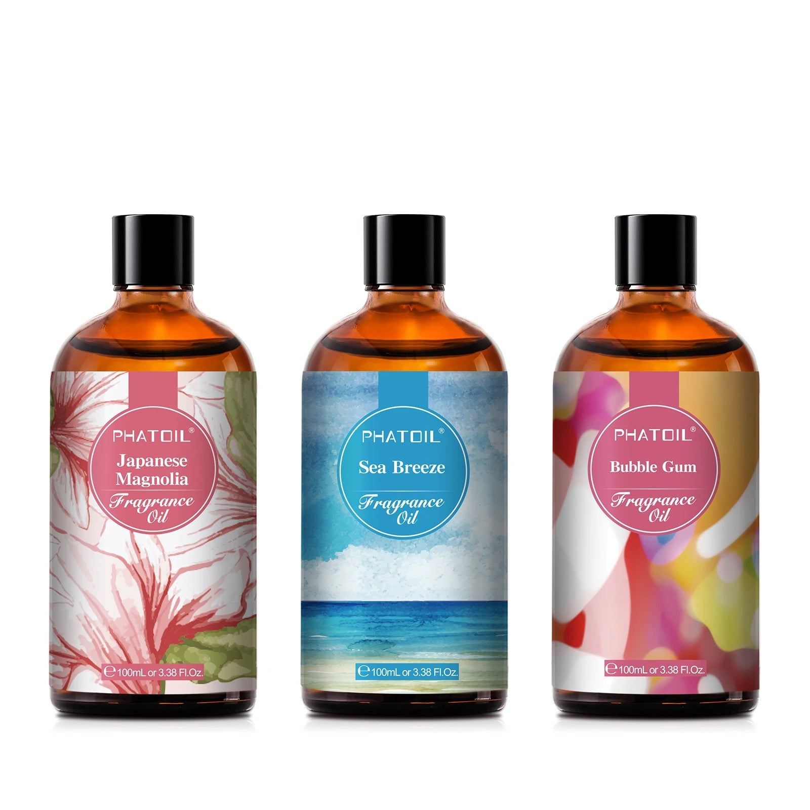 Fragrance oil set with Sea Breeze, Bubble Gum, and Japanese Magnolia