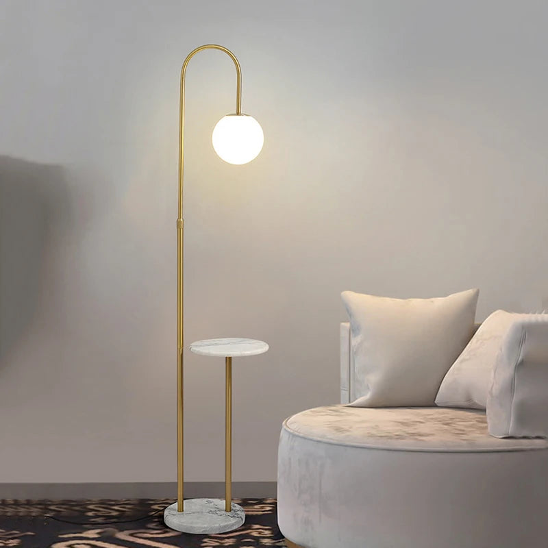 Gold Nordic floor lamp with white tray, marble-look base, globe shade