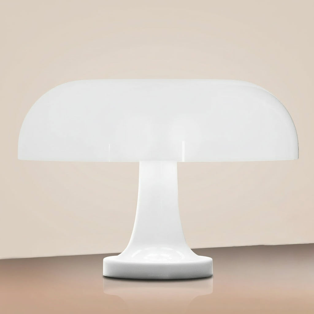 White table lamp with dimensions indicated on a beige background